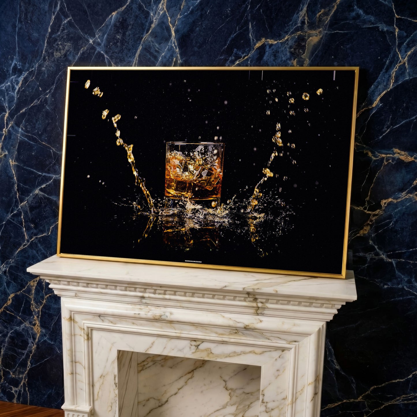Whiskey Splash High-Speed Canvas Art. ADAM0131 in yellow gold floating frame
