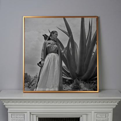Frida Kahlo Standing Portrait Canvas Wall Art in antique gold floating frame