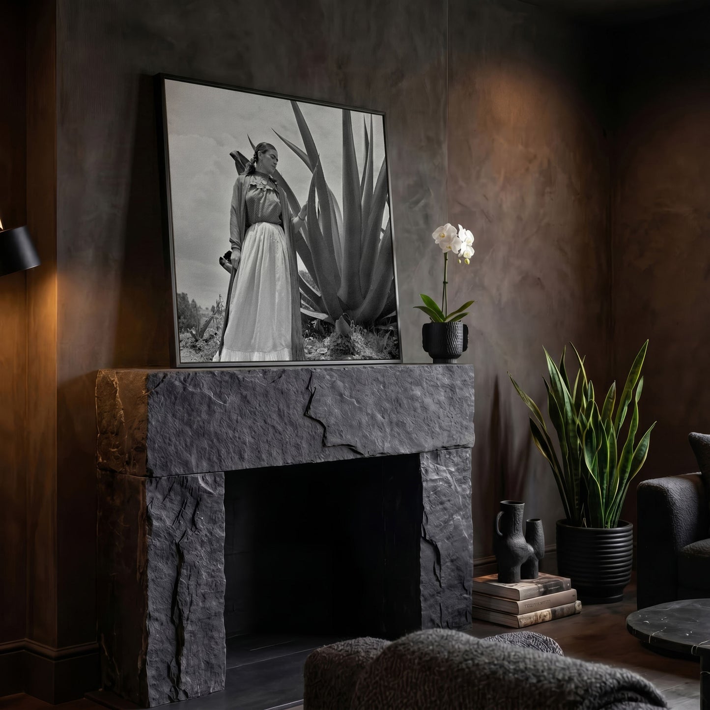 Frida Kahlo Standing Portrait Canvas Wall Art in black floating frame