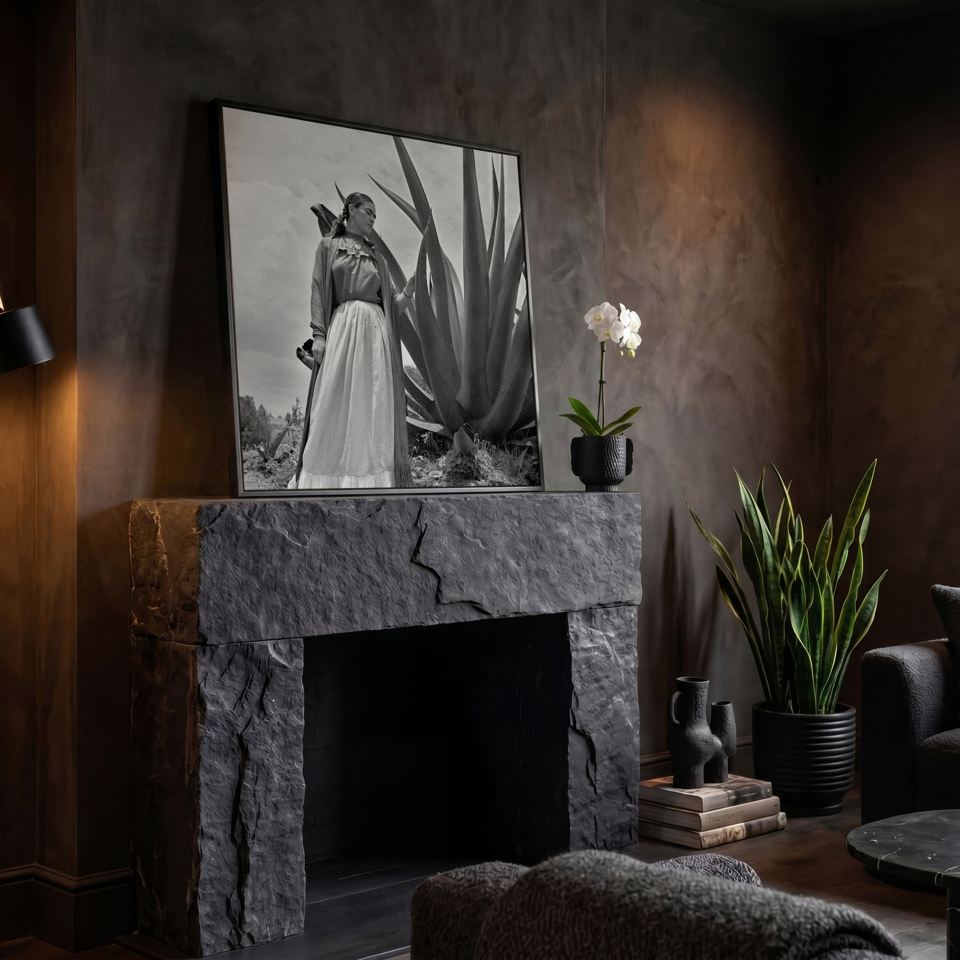 Frida Kahlo Standing Portrait Canvas Wall Art in black floating frame