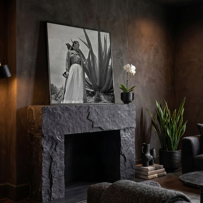 Frida Kahlo Standing Portrait Canvas Wall Art in black floating frame