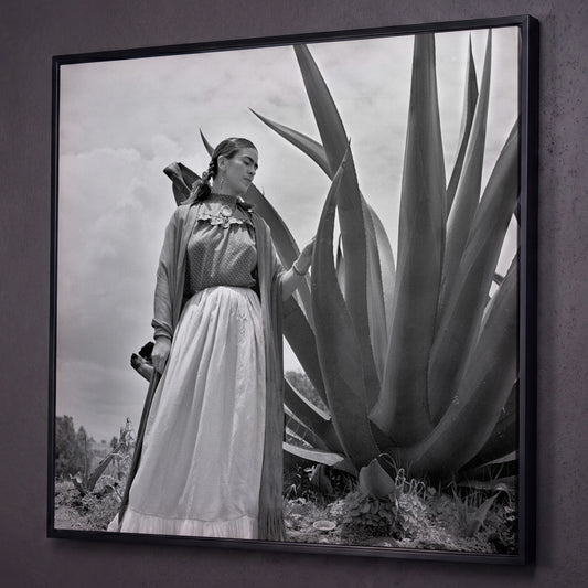 Frida Kahlo Standing Portrait Canvas Wall Art shown in black floating frame