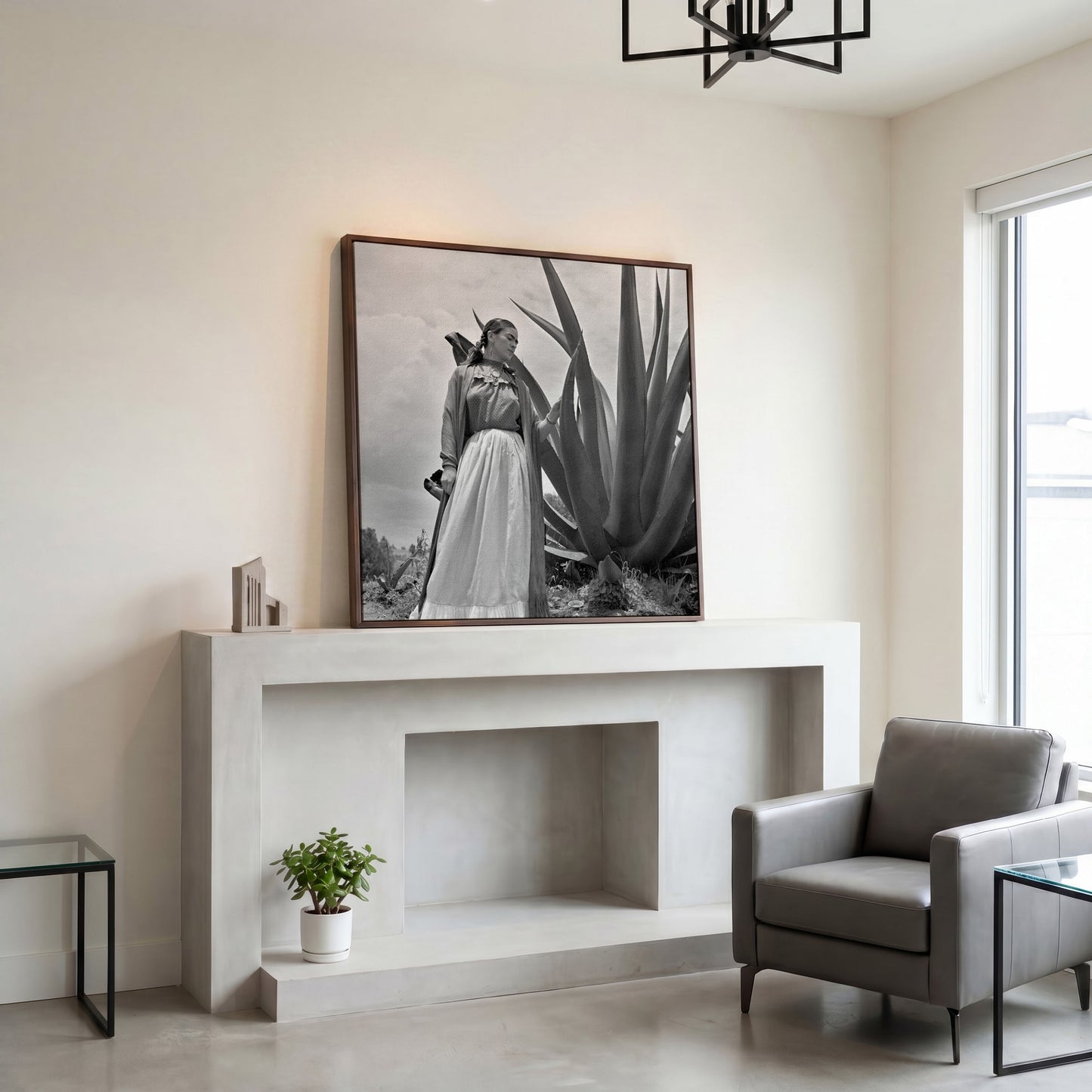 Frida Kahlo Standing Portrait Canvas Wall Art in dark walnut floating frame