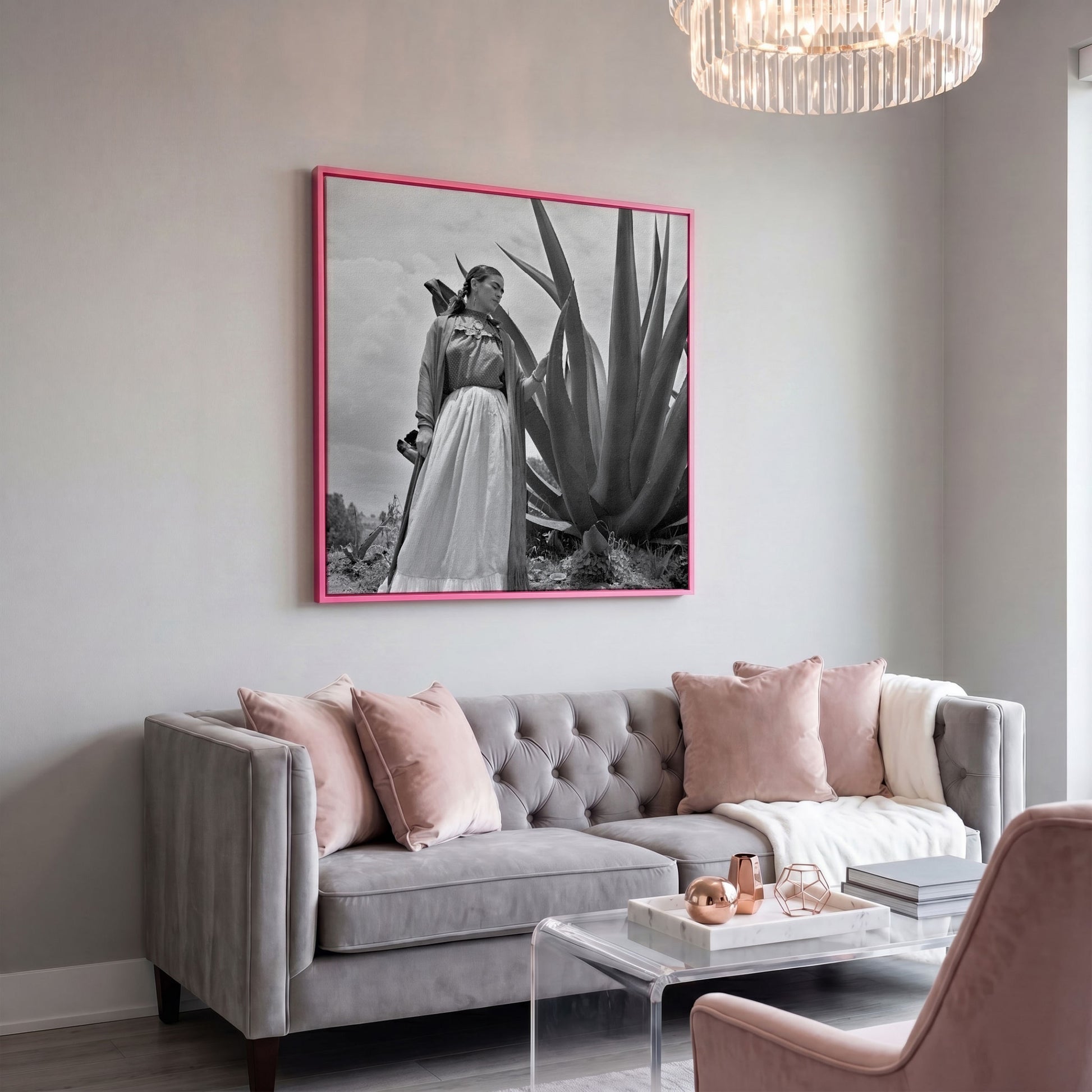 Frida Kahlo Standing Portrait Canvas Wall Art in pink floating frame