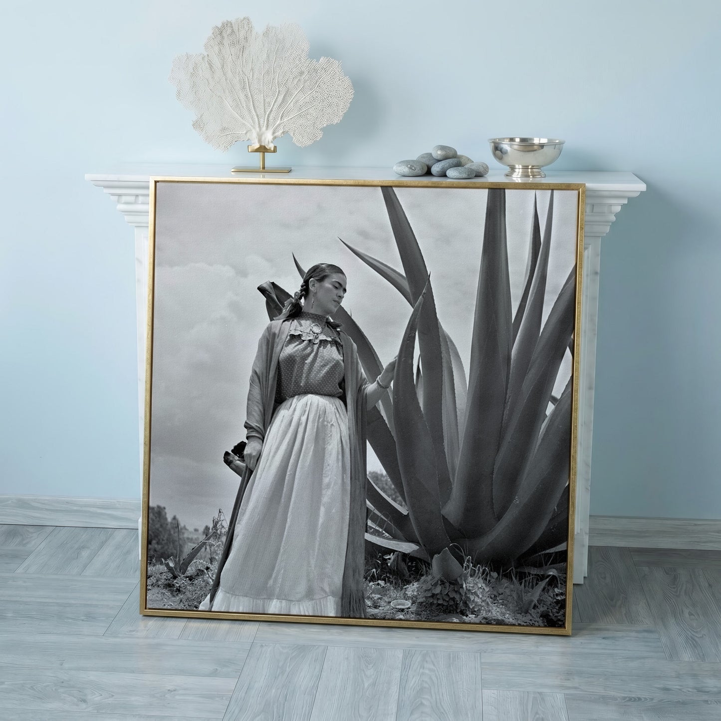 Frida Kahlo Standing Portrait Canvas Wall Art in rose gold floating frame
