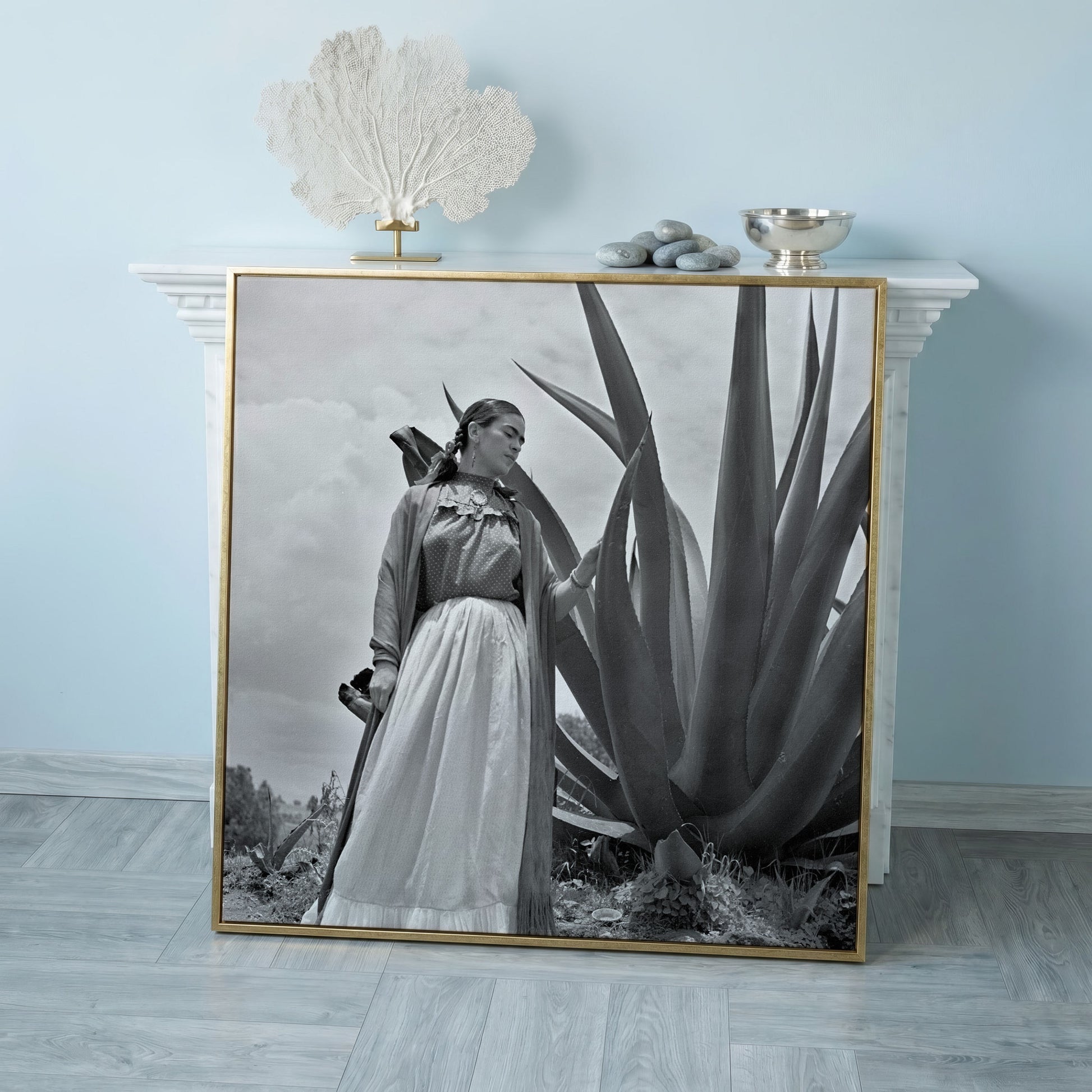 Frida Kahlo Standing Portrait Canvas Wall Art in rose gold floating frame