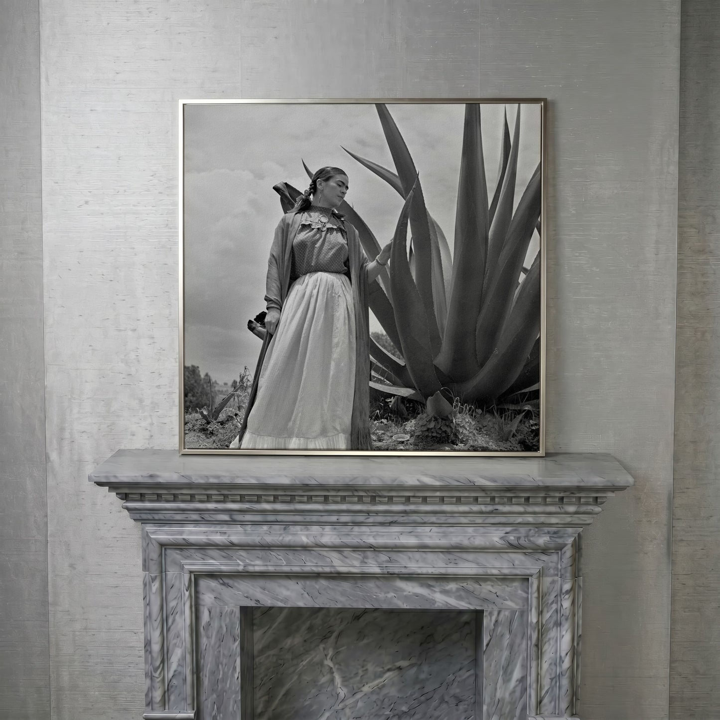 Frida Kahlo Standing Portrait Canvas Wall Art in silver floating frame