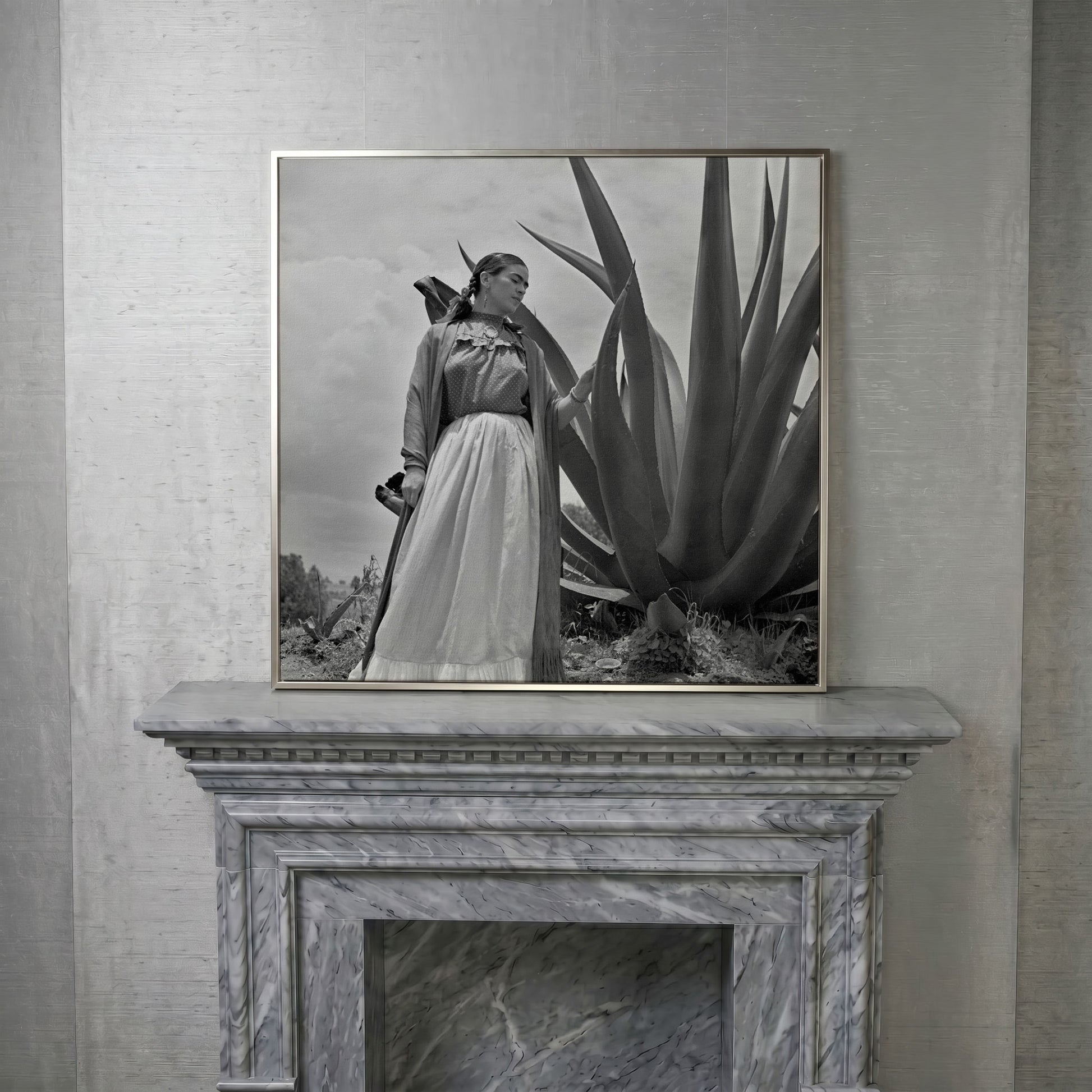 Frida Kahlo Standing Portrait Canvas Wall Art in silver floating frame