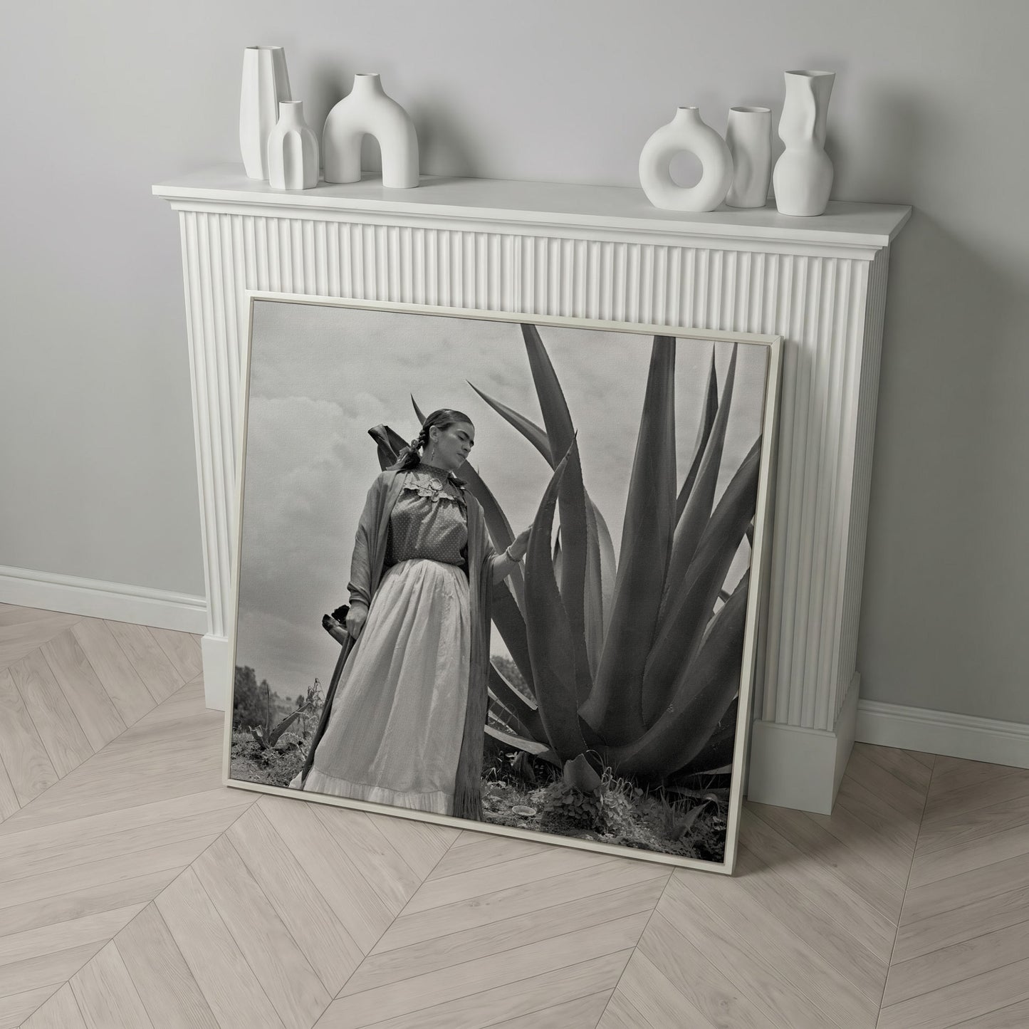 Frida Kahlo Standing Portrait Canvas Wall Art in white floating frame