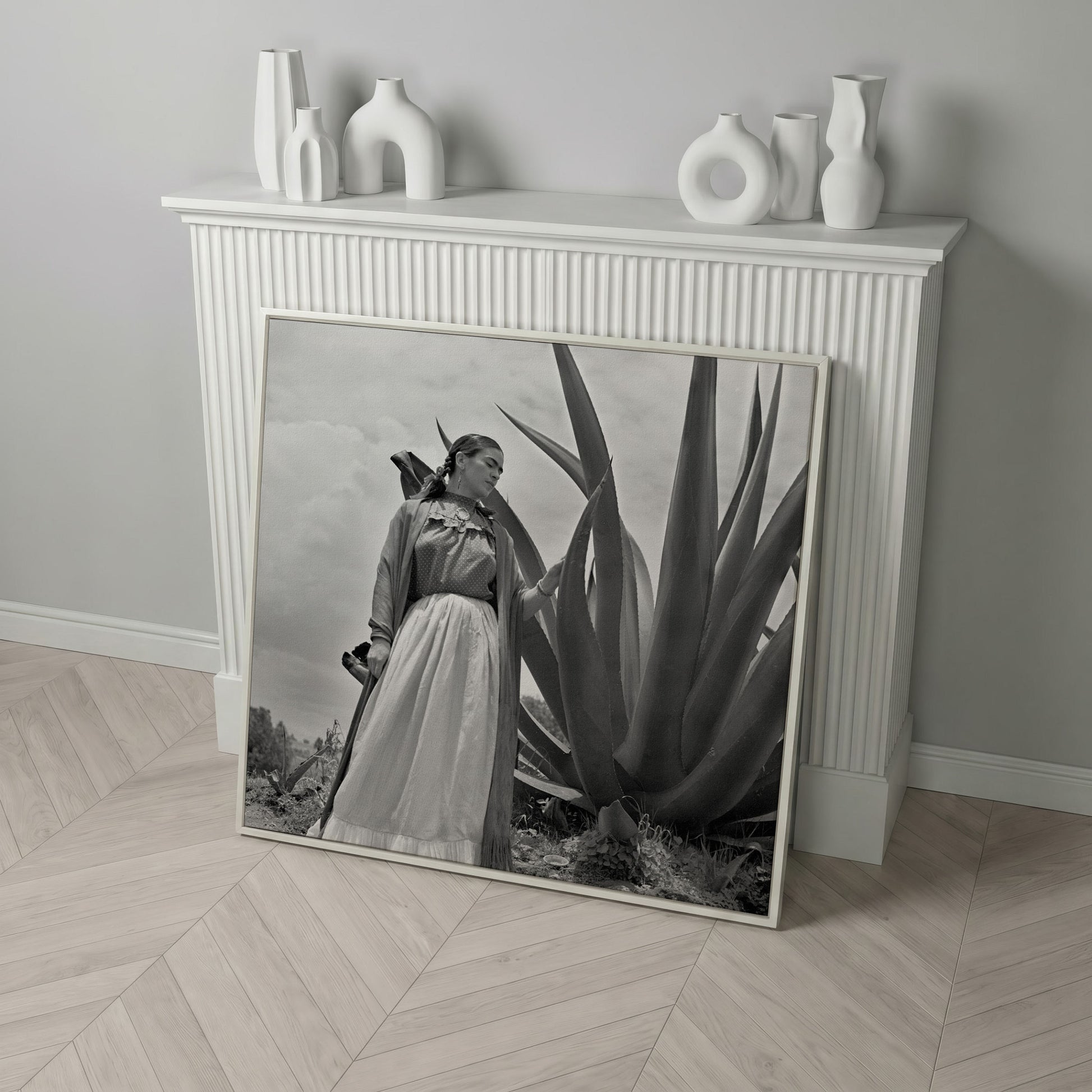 Frida Kahlo Standing Portrait Canvas Wall Art in white floating frame