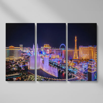 Las Vegas Night Skyline Canvas Art, Bellagio to High Roller as 3-panel split version