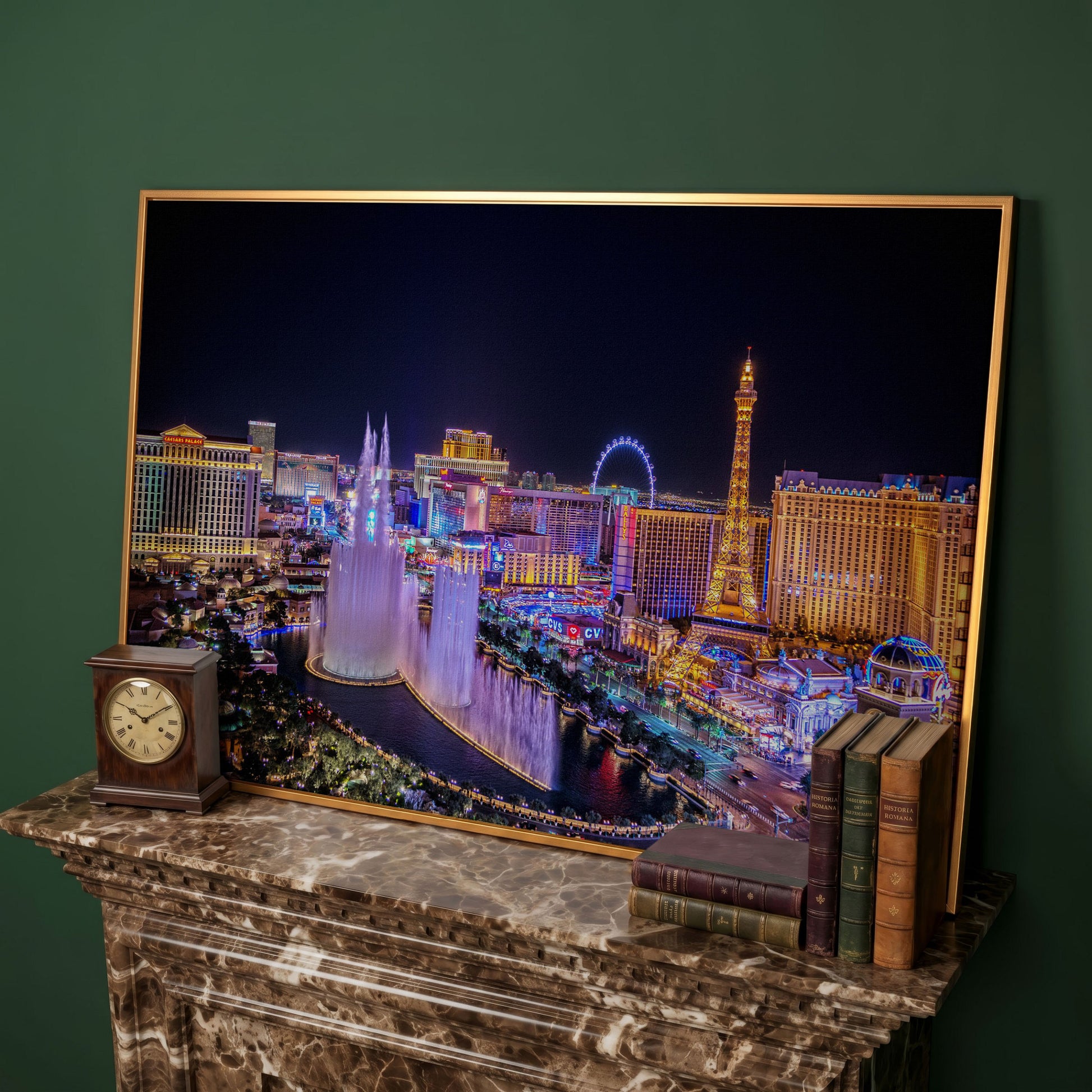 Las Vegas Night Skyline Canvas Art, Bellagio to High Roller in antique gold floating frame
