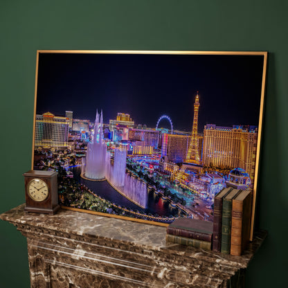 Las Vegas Night Skyline Canvas Art, Bellagio to High Roller in antique gold floating frame