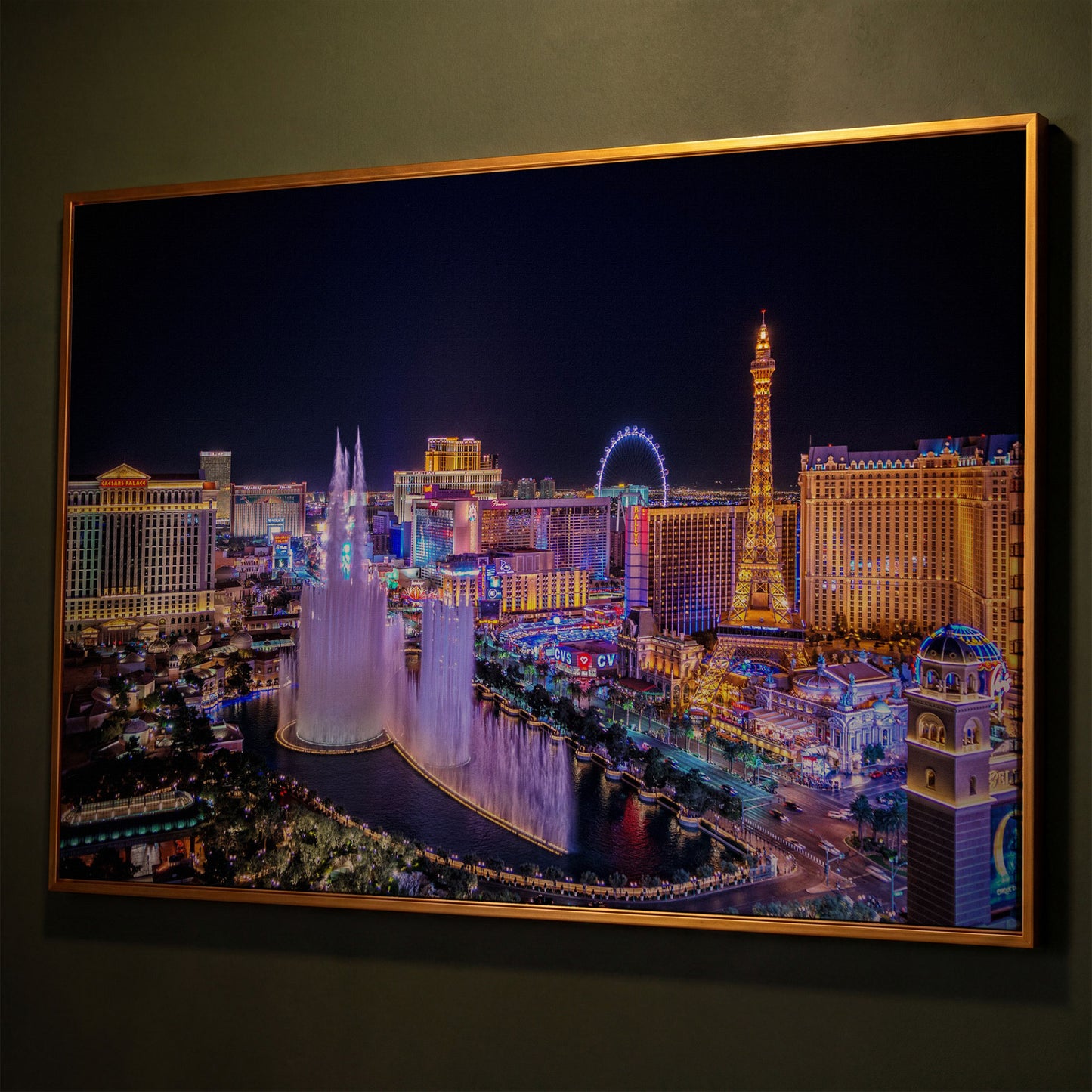 Las Vegas Night Skyline Canvas Art, Bellagio to High Roller shown in antique gold floating frame
