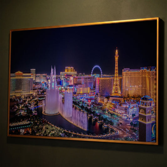 Las Vegas Night Skyline Canvas Art, Bellagio to High Roller shown in antique gold floating frame