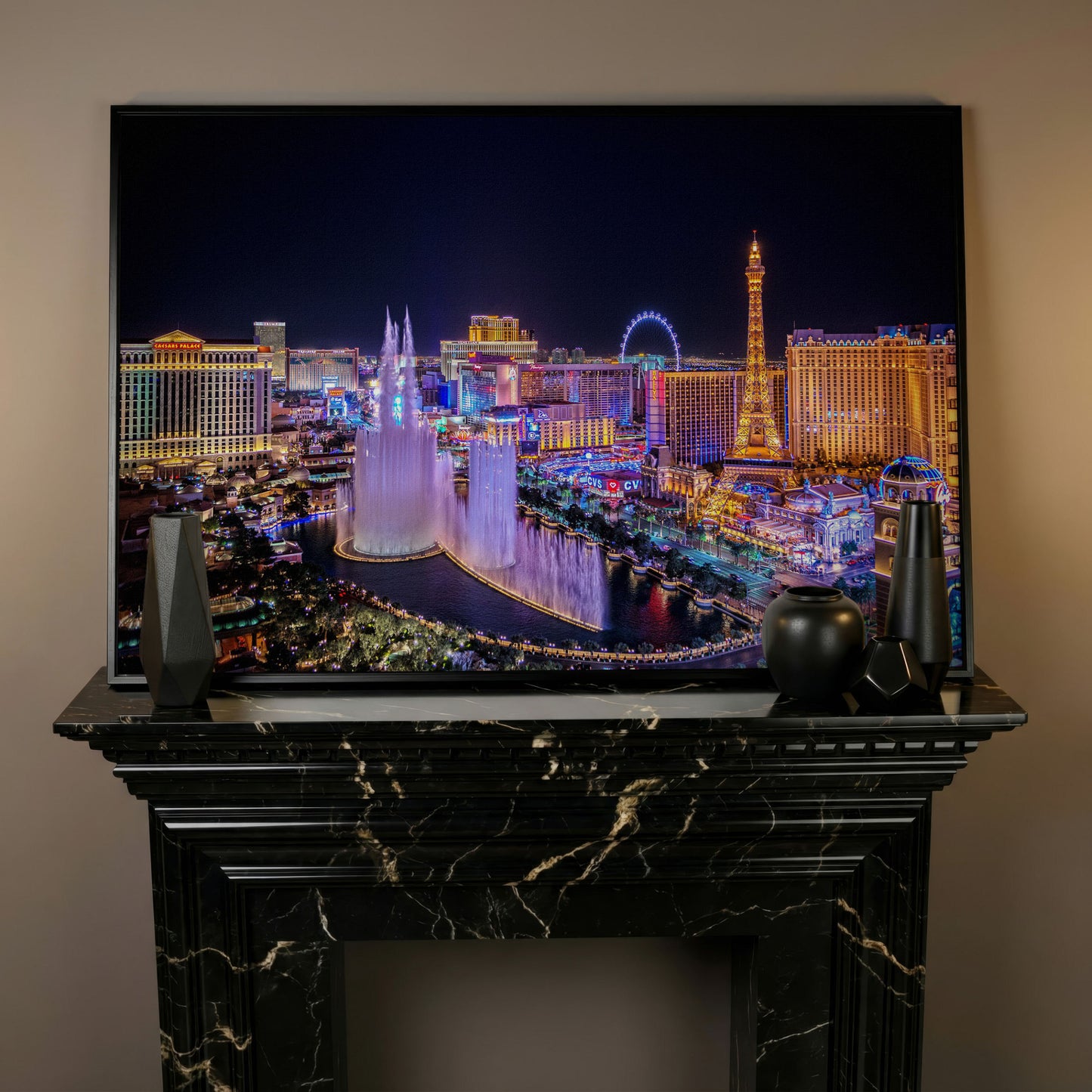 Las Vegas Night Skyline Canvas Art, Bellagio to High Roller in black floating frame