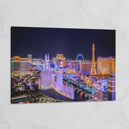 Las Vegas Night Skyline Canvas Art, Bellagio to High Roller on gallery wrap