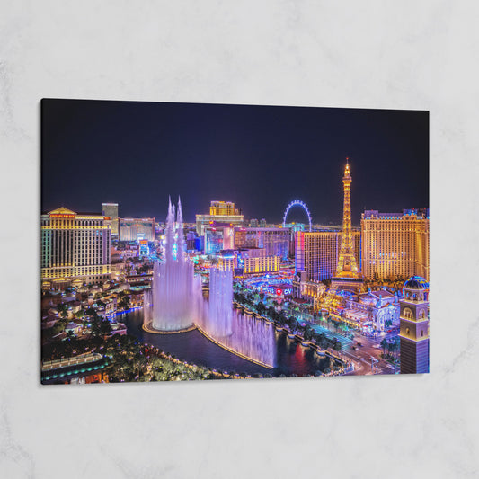 Las Vegas Night Skyline Canvas Art, Bellagio to High Roller on gallery wrap