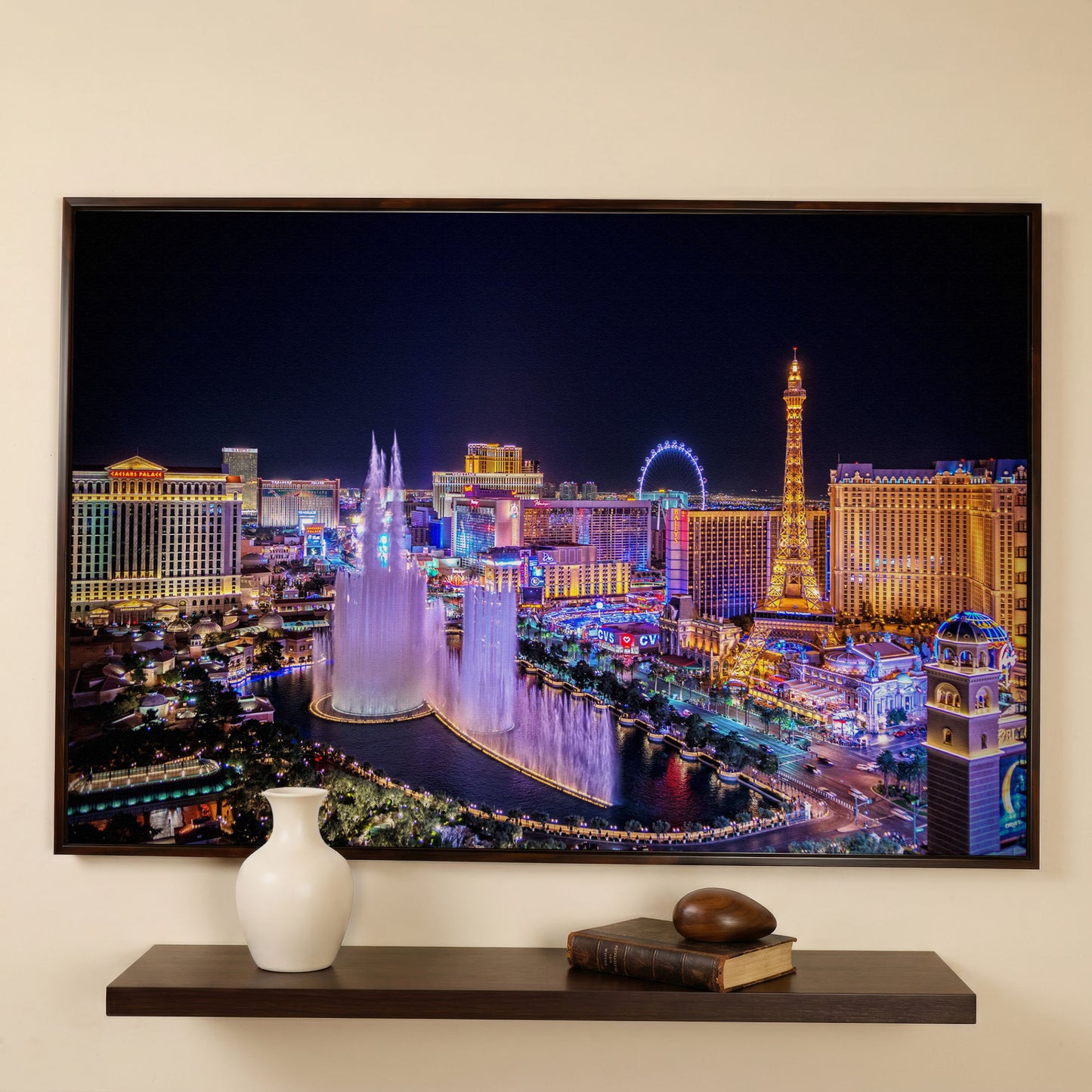 Las Vegas Night Skyline Canvas Art, Bellagio to High Roller in dark walnut floating frame