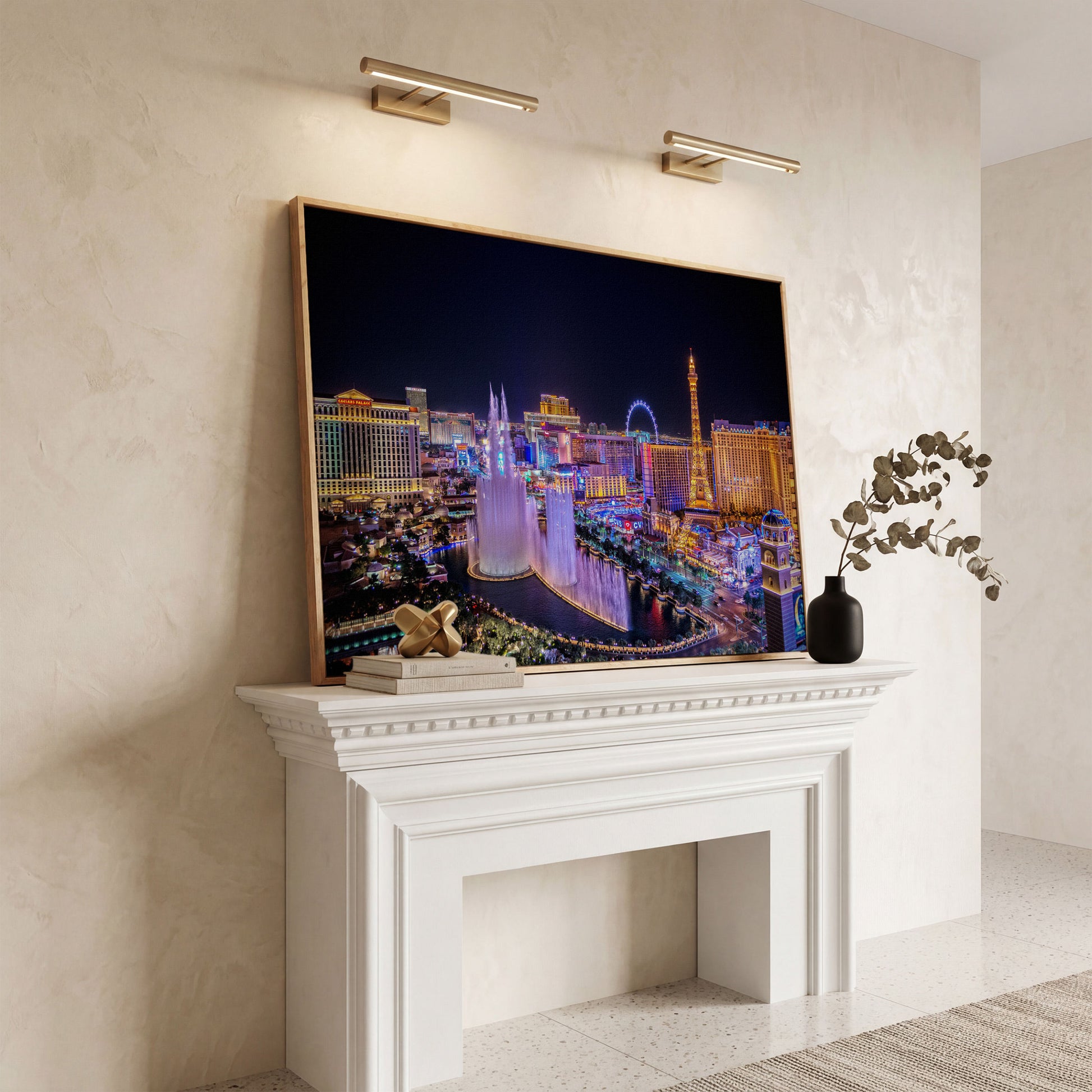 Las Vegas Night Skyline Canvas Art, Bellagio to High Roller in white oak floating frame