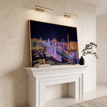 Las Vegas Night Skyline Canvas Art, Bellagio to High Roller in white oak floating frame