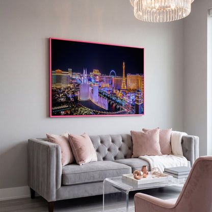 Las Vegas Night Skyline Canvas Art, Bellagio to High Roller in pink floating frame