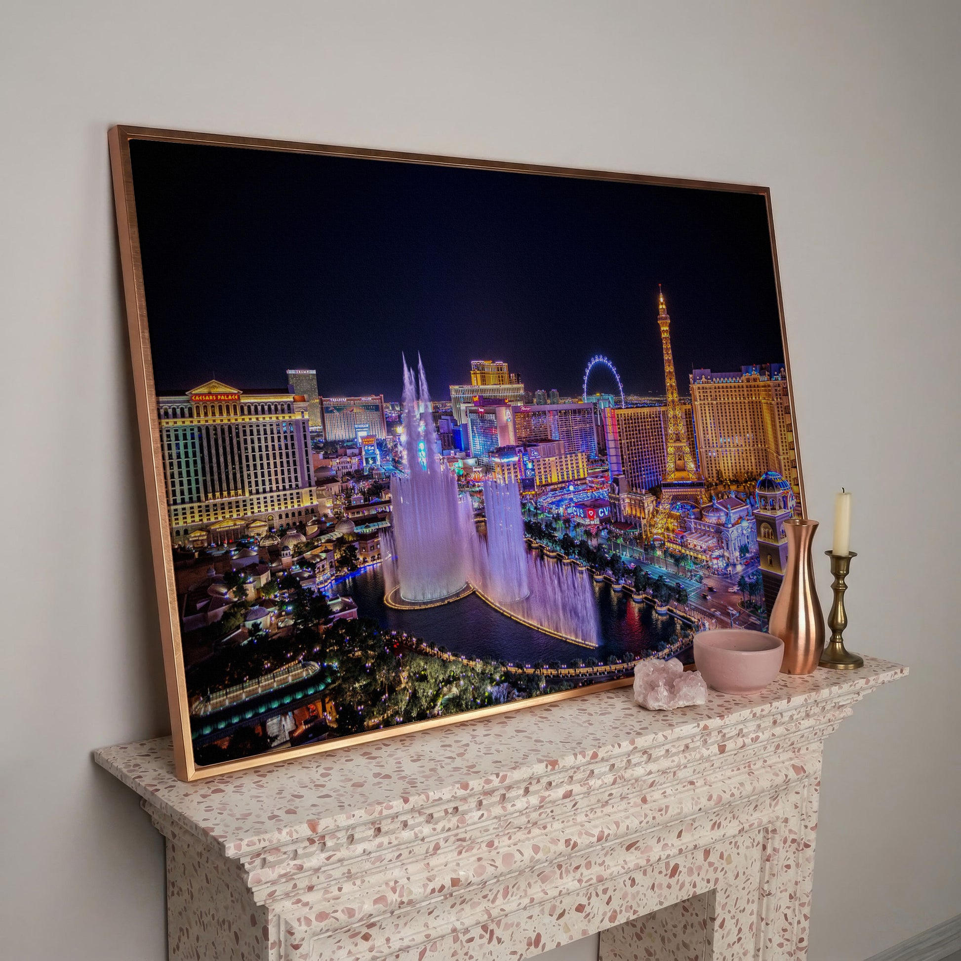 Las Vegas Night Skyline Canvas Art, Bellagio to High Roller in rose gold floating frame