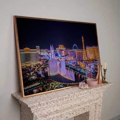 Las Vegas Night Skyline Canvas Art, Bellagio to High Roller in rose gold floating frame