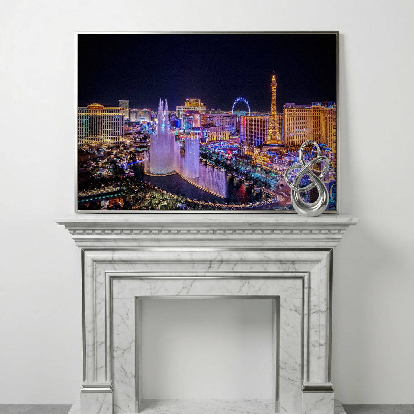 Las Vegas Night Skyline Canvas Art, Bellagio to High Roller in silver floating frame