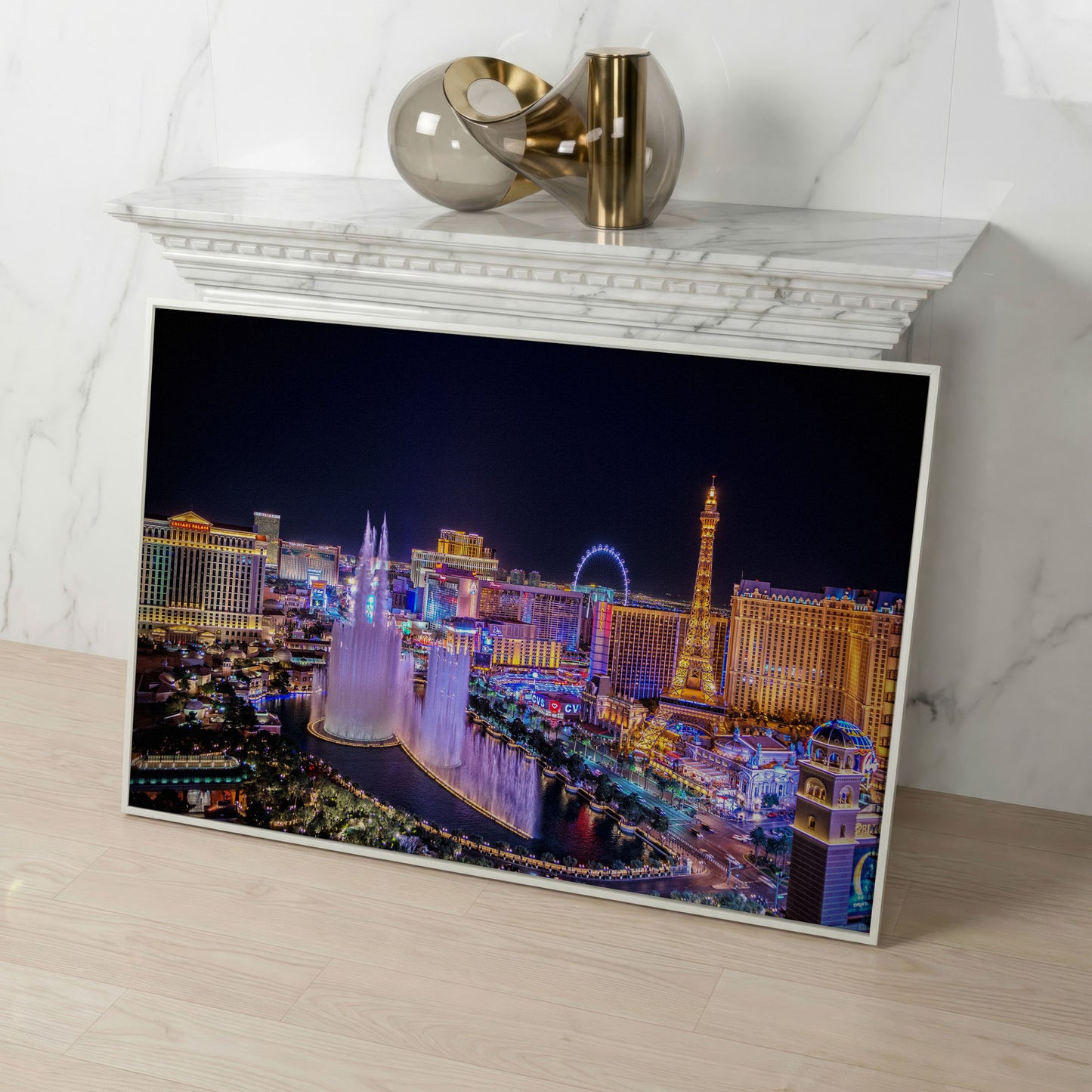 Las Vegas Night Skyline Canvas Art, Bellagio to High Roller in white floating frame