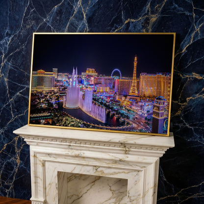 Las Vegas Night Skyline Canvas Art, Bellagio to High Roller in yellow gold floating frame