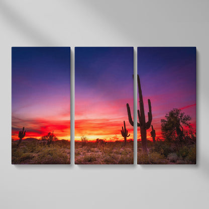 Saguaro Sunset Canvas Wall Art, Arizona Desert Silhouette as 3-panel split version