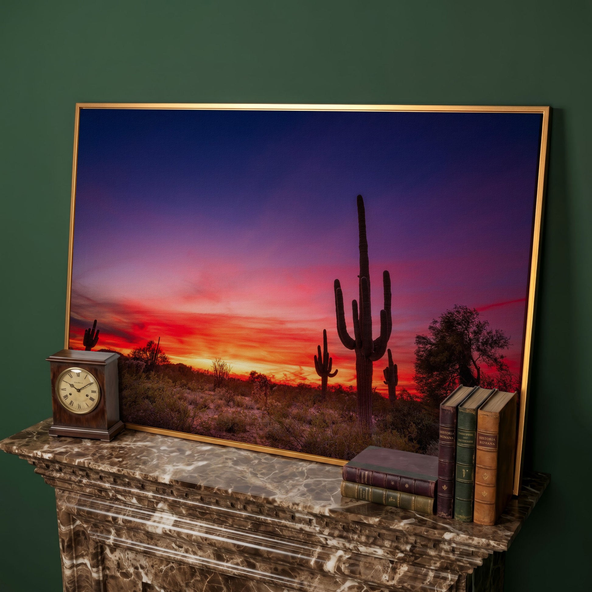 Saguaro Sunset Canvas Wall Art, Arizona Desert Silhouette in antique gold floating frame