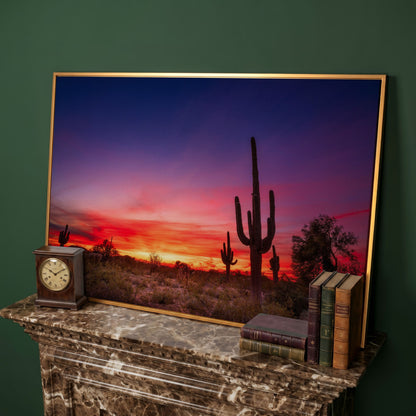 Saguaro Sunset Canvas Wall Art, Arizona Desert Silhouette in antique gold floating frame