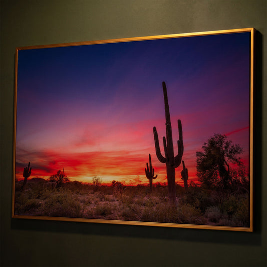 Saguaro Sunset Canvas Wall Art, Arizona Desert Silhouette shown in antique gold floating frame