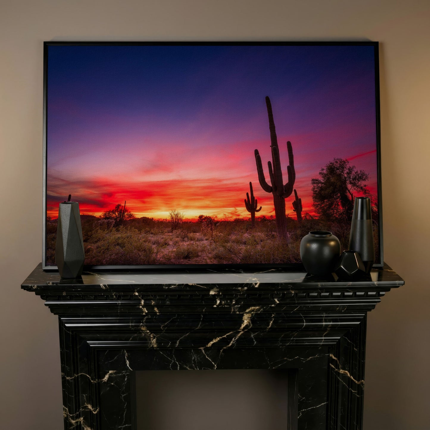 Saguaro Sunset Canvas Wall Art, Arizona Desert Silhouette in black floating frame