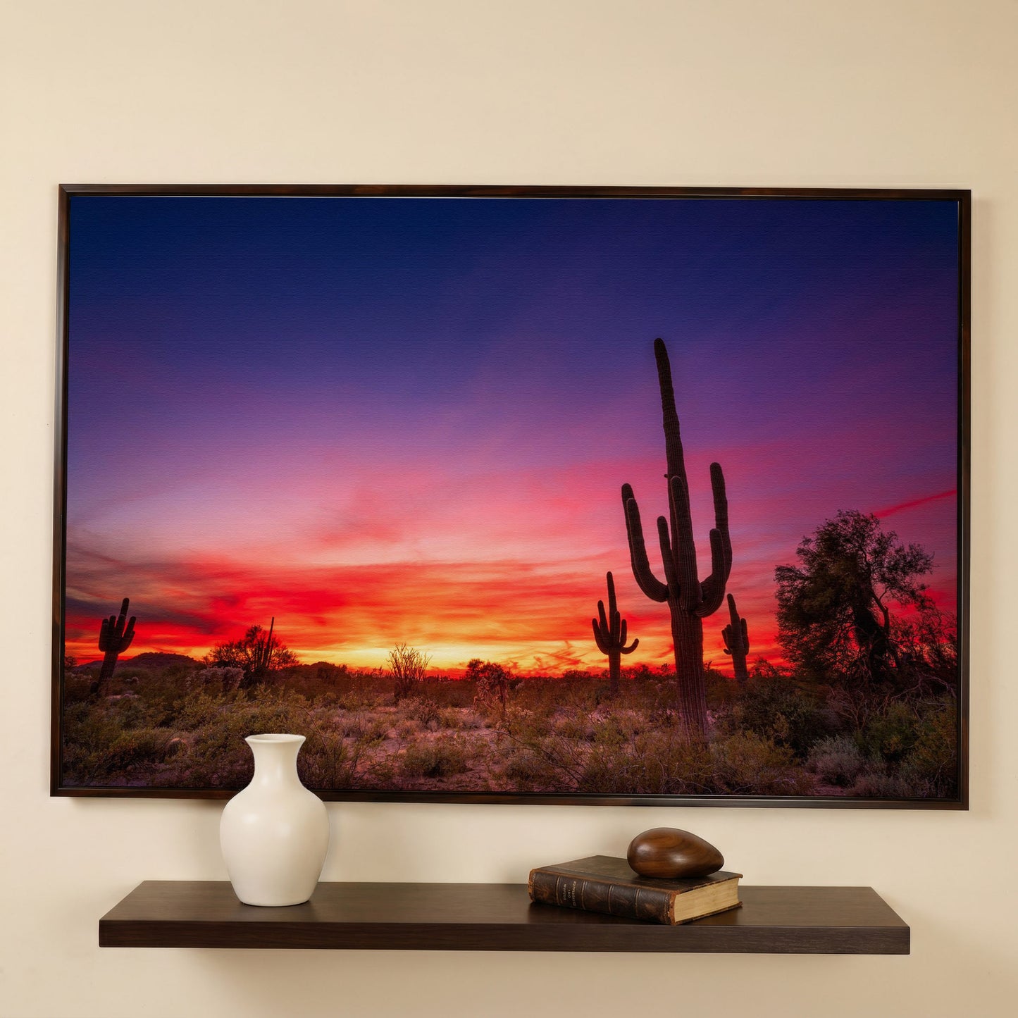Saguaro Sunset Canvas Wall Art, Arizona Desert Silhouette in dark walnut floating frame