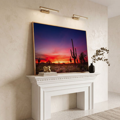 Saguaro Sunset Canvas Wall Art, Arizona Desert Silhouette in white oak floating frame