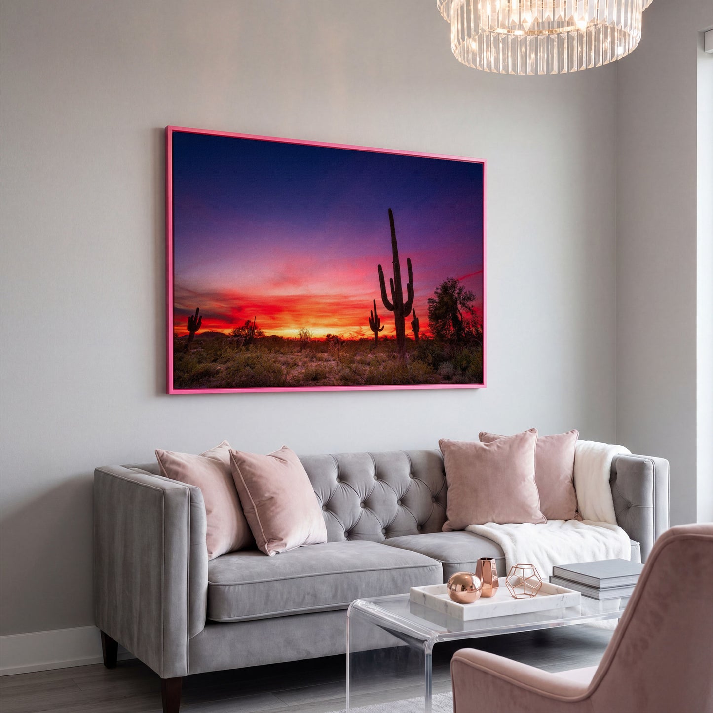 Saguaro Sunset Canvas Wall Art, Arizona Desert Silhouette in pink floating frame