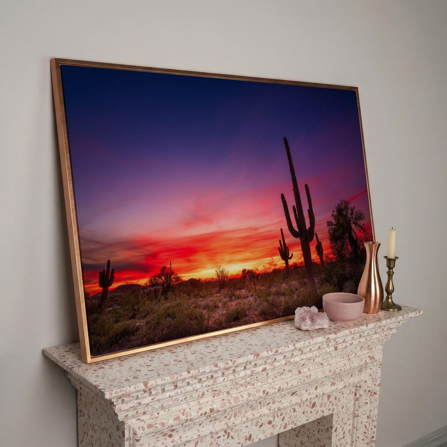 Saguaro Sunset Canvas Wall Art, Arizona Desert Silhouette in rose gold floating frame