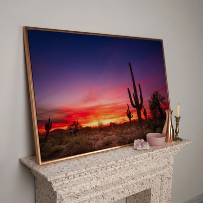 Saguaro Sunset Canvas Wall Art, Arizona Desert Silhouette in rose gold floating frame