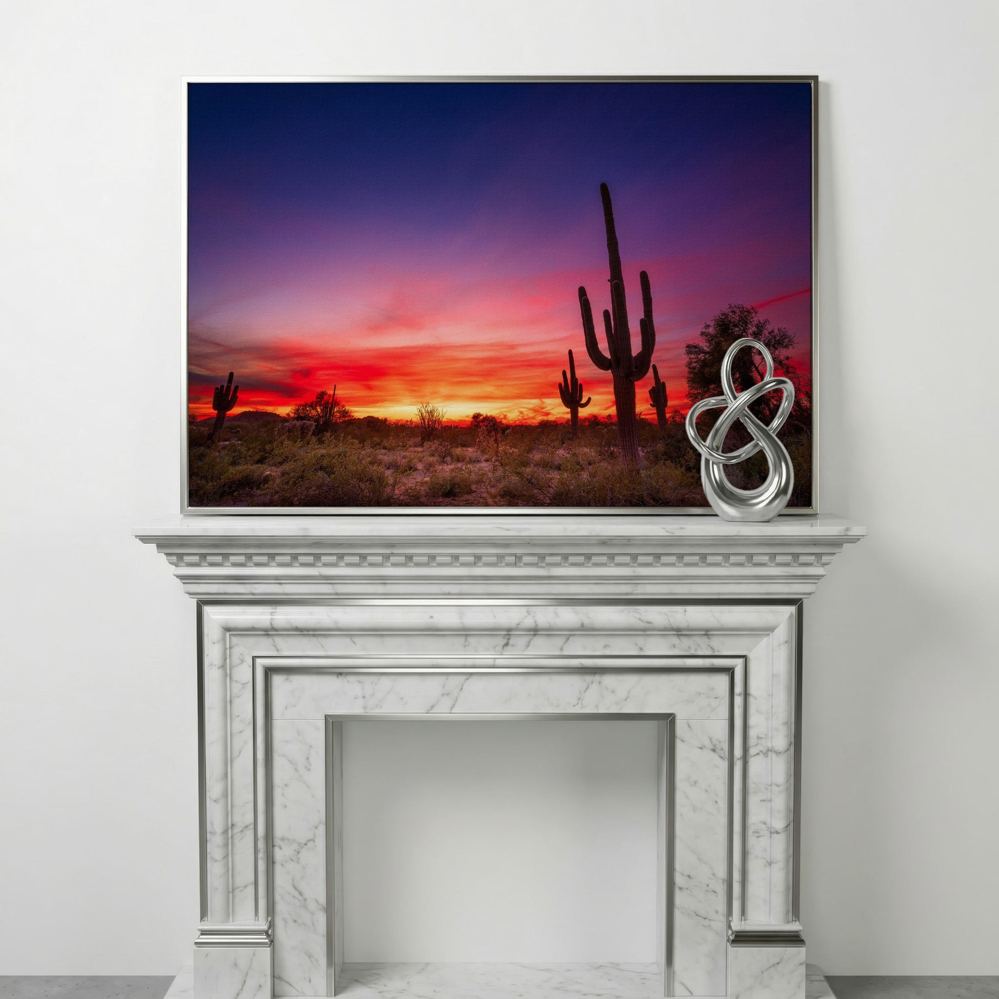 Saguaro Sunset Canvas Wall Art, Arizona Desert Silhouette in silver floating frame