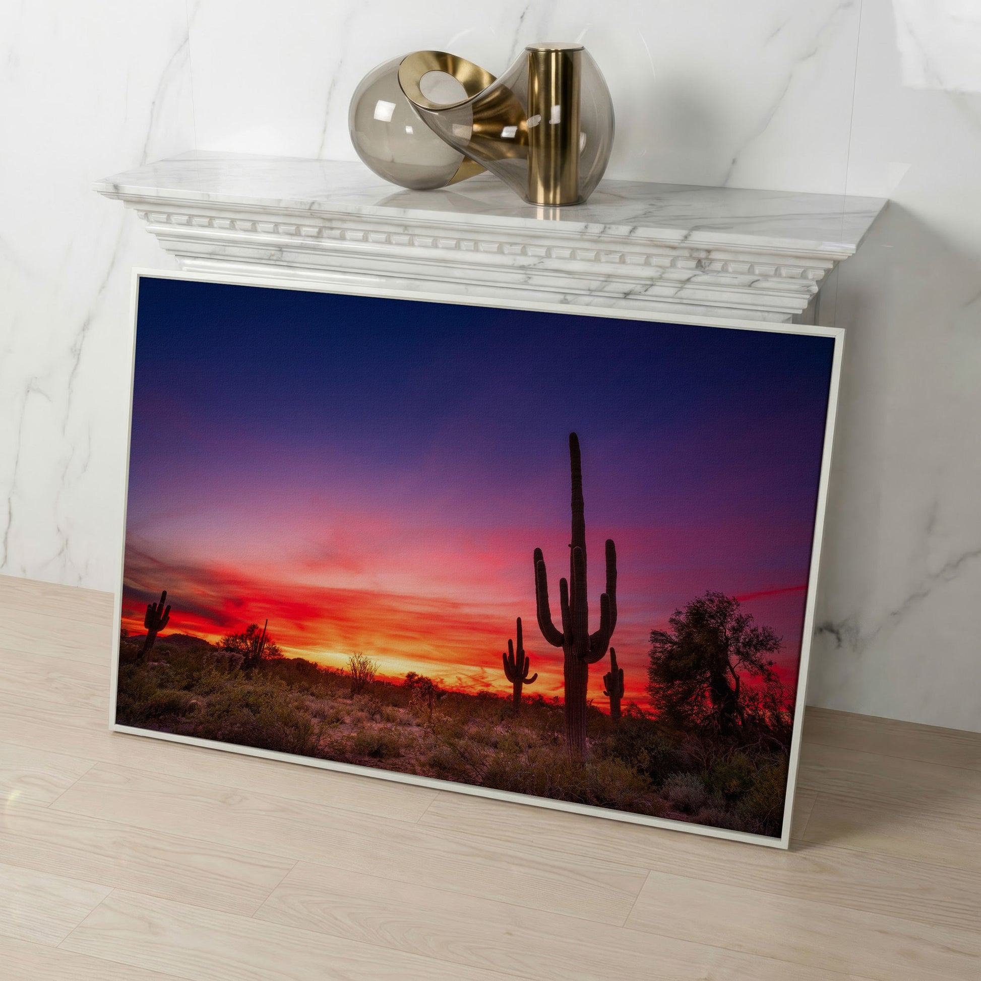 Saguaro Sunset Canvas Wall Art, Arizona Desert Silhouette in white floating frame