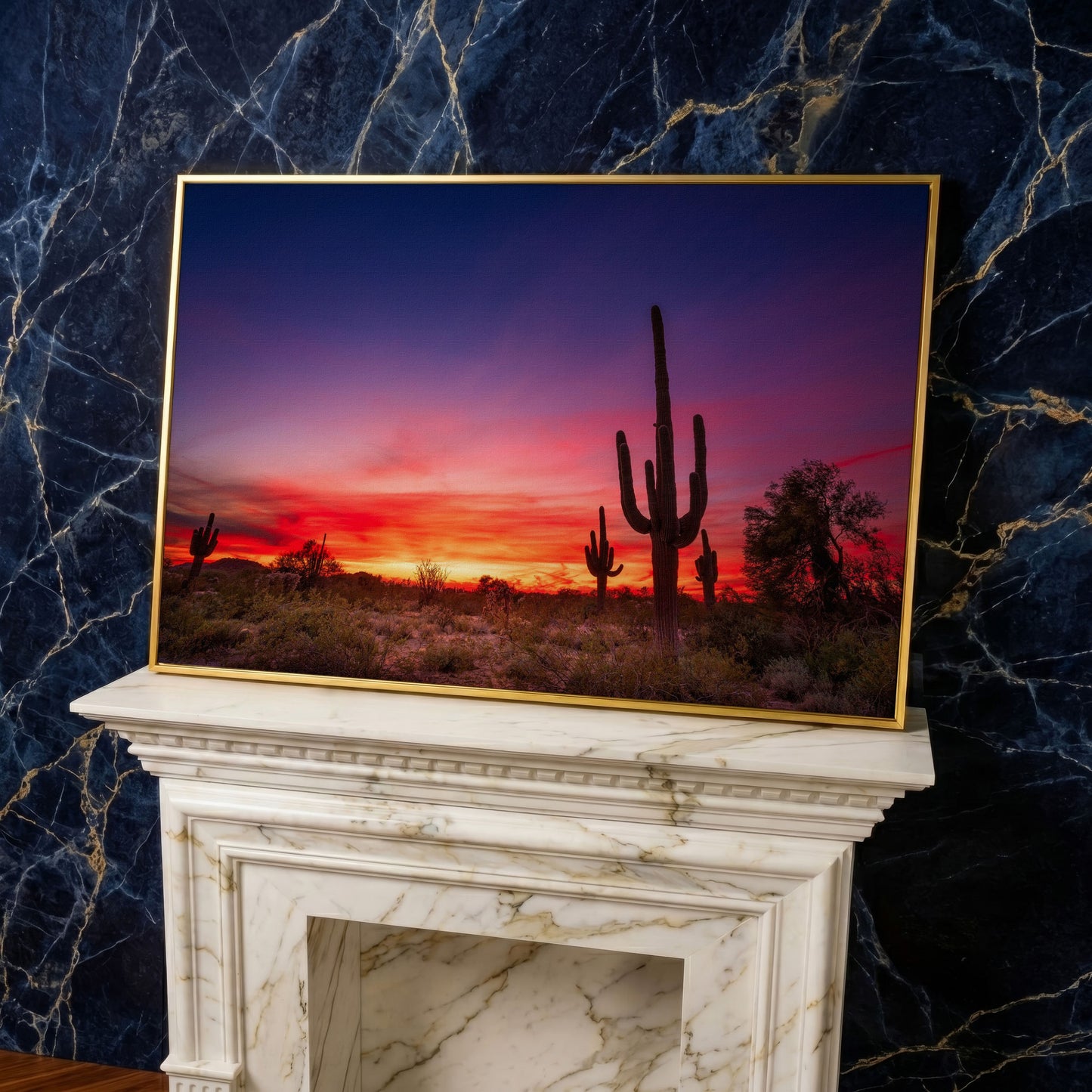 Saguaro Sunset Canvas Wall Art, Arizona Desert Silhouette in yellow gold floating frame