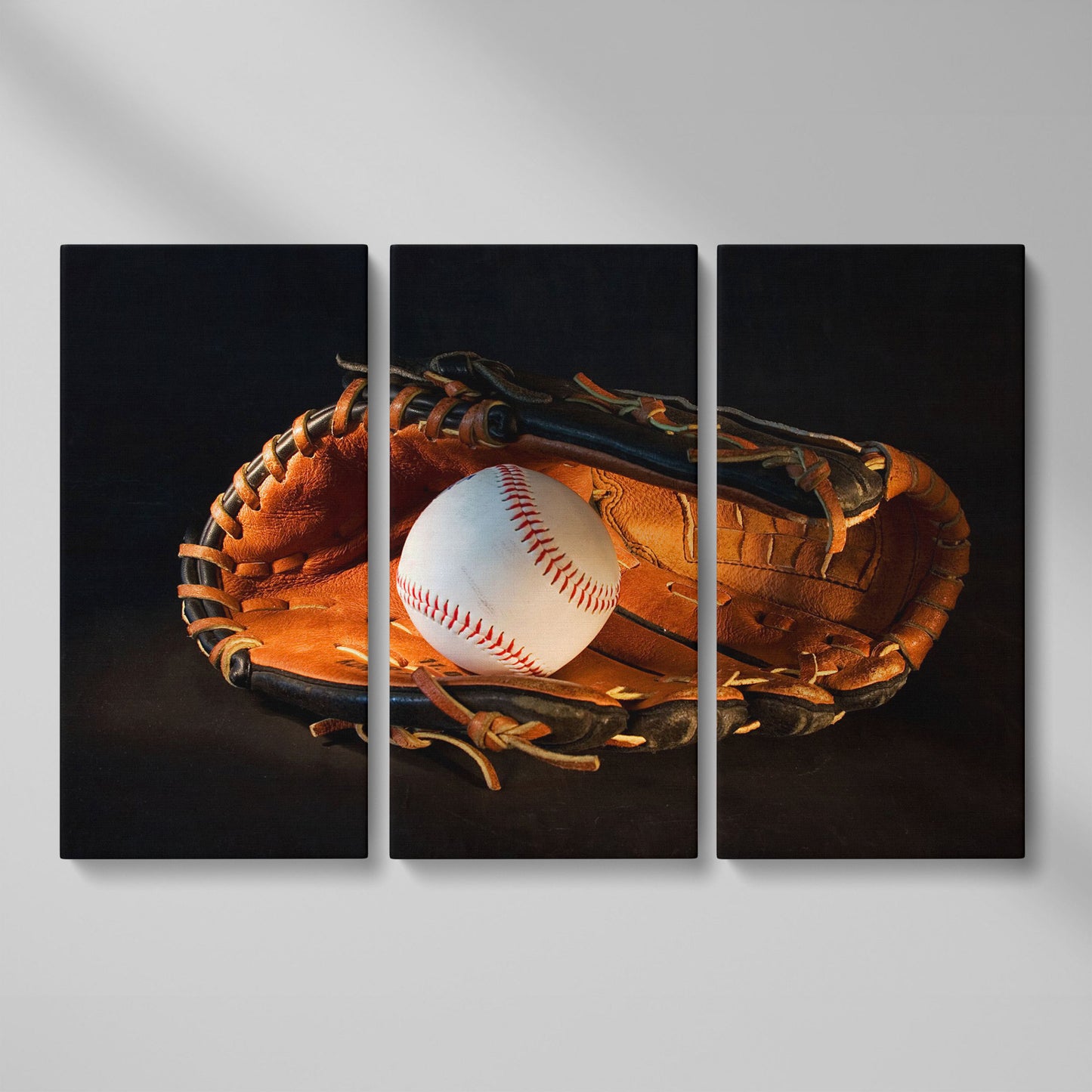 Baseball and Glove Canvas Wall Art for Sports Rooms as 3-panel split version