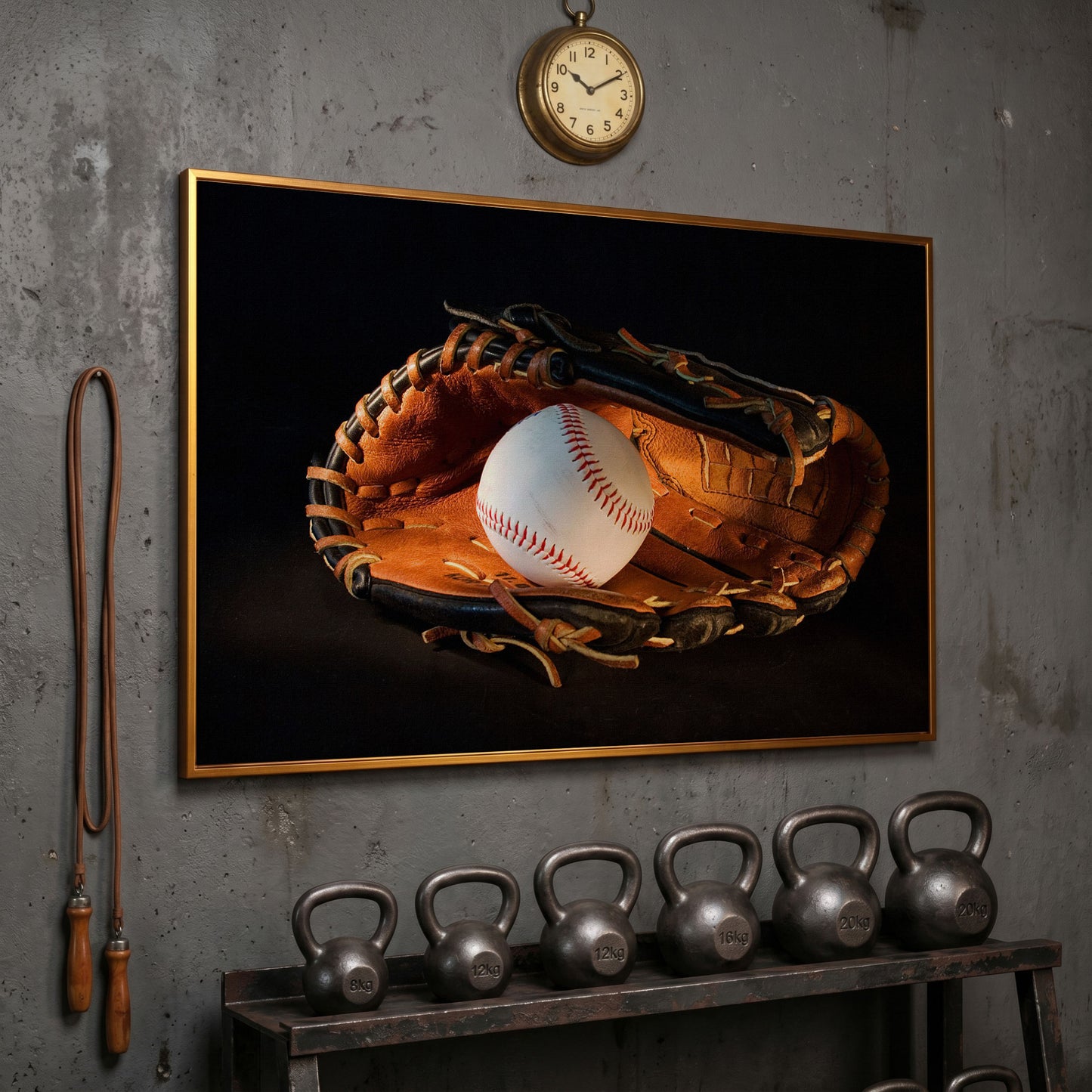 Baseball and Glove Canvas Wall Art for Sports Rooms in antique gold floating frame