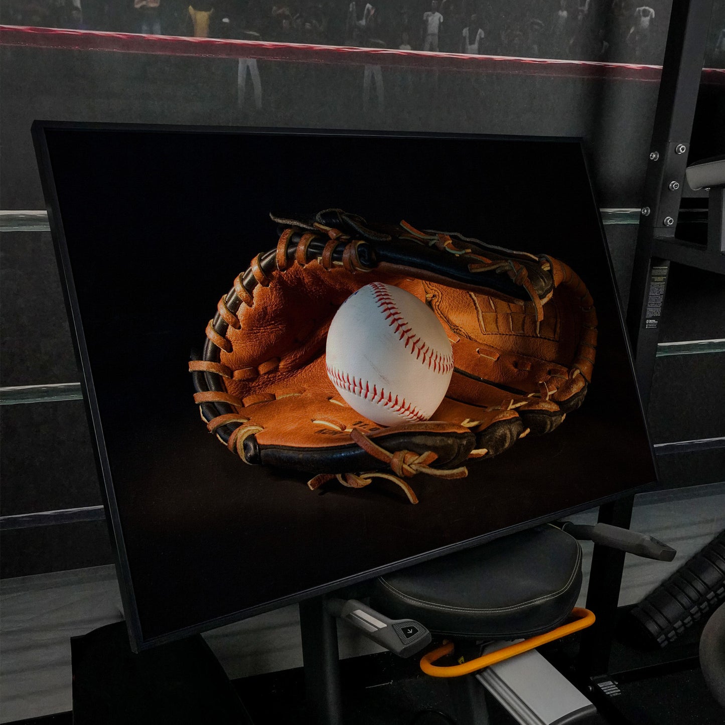 Baseball and Glove Canvas Wall Art for Sports Rooms in black floating frame