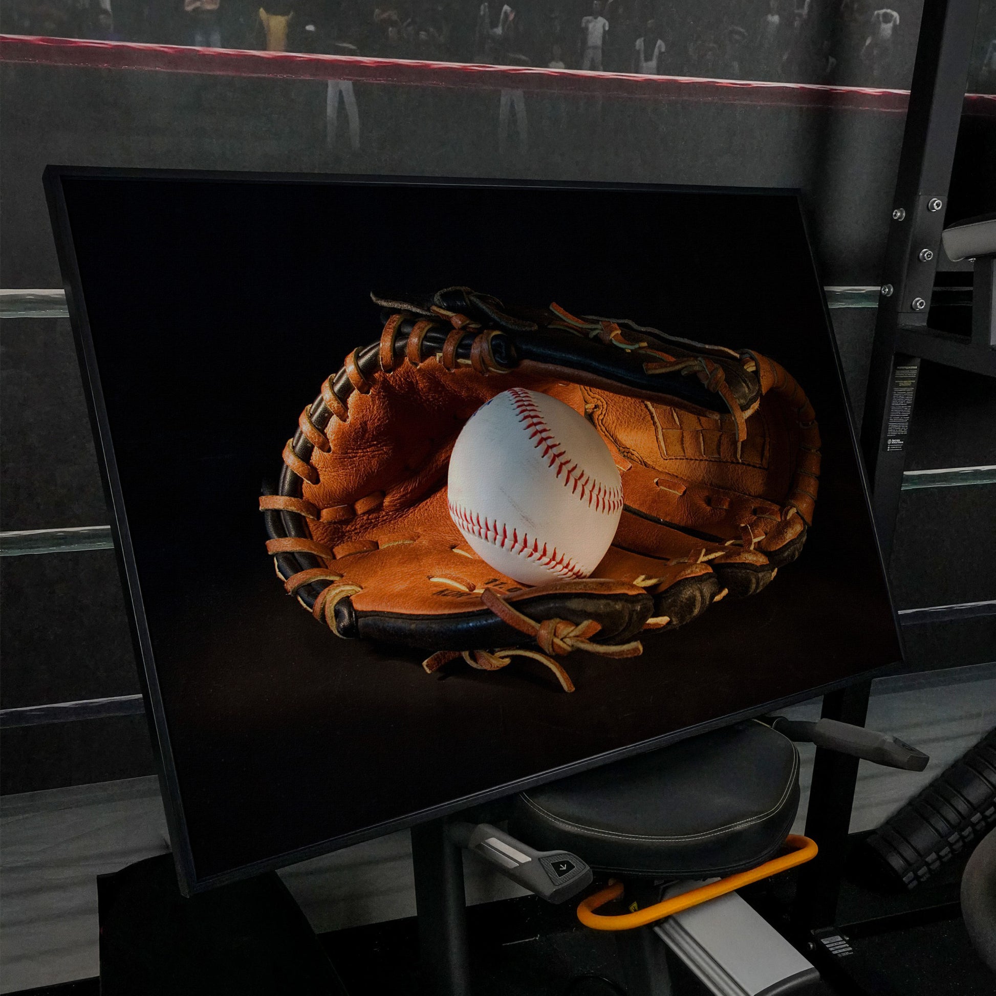 Baseball and Glove Canvas Wall Art for Sports Rooms in black floating frame