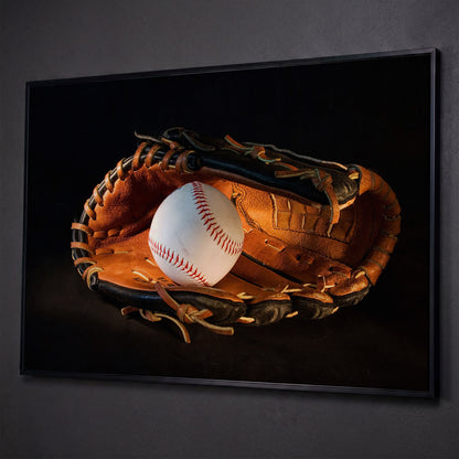 Baseball and Glove Canvas Wall Art for Sports Rooms shown in black floating frame