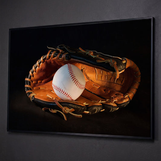 Baseball and Glove Canvas Wall Art for Sports Rooms shown in black floating frame